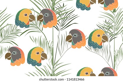 Tropical pattern of palm kentia leaves with exotic parrots. Vintage vector botanical illustration. Seamless background, texture, wrapper pattern, frame or border. Digital nature art.