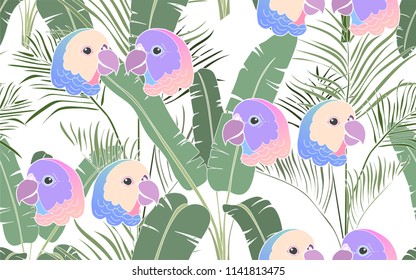 Tropical pattern of palm and kentia leaves with exotic parrots. Vintage vector botanical illustration. Seamless background, texture, wrapper pattern, frame or border. Digital nature art.