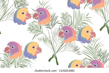 Tropical pattern of palm kentia leaves with exotic parrots. Vintage vector botanical illustration. Seamless background, texture, wrapper pattern, frame or border. Digital nature art.