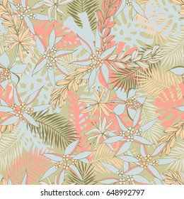 Tropical pattern with palm leafs and flowers.