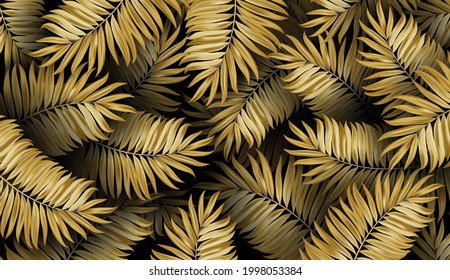 Tropical pattern palm leaves background. Gold texture with luxurious leaf.