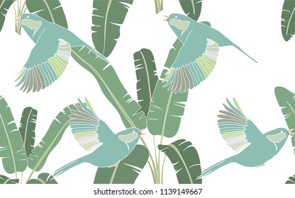 Tropical pattern of palm leaves with exotic green birds. Vintage vector botanical illustration. Seamless background, texture, wrapper pattern, frame or border. Digital nature art.