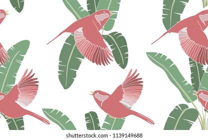 Tropical pattern of palm leaves with exotic red birds. Vintage vector botanical illustration. Seamless background, texture, wrapper pattern, frame or border. Digital nature art.