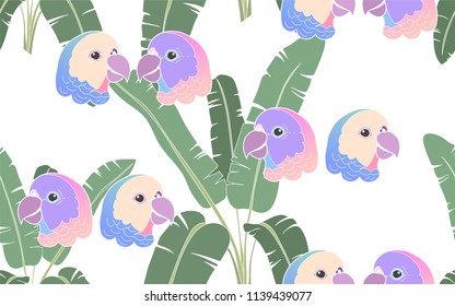 Tropical pattern of palm leaves with exotic parrots. Vintage vector botanical illustration. Seamless background, texture, wrapper pattern, frame or border. Digital nature art.