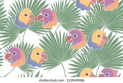 Tropical pattern of palm leaves with exotic parrots. Vintage vector botanical illustration. Seamless background, texture, wrapper pattern, frame or border. Digital nature art.