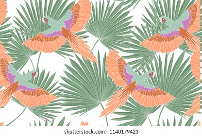 Patrón tropical de hojas de palma con loros de naranja exótico. Ilustración botánica vectorial vintage. Fondo, textura, patrón de envoltura, marco o borde sin inconvenientes. Arte natural digital.