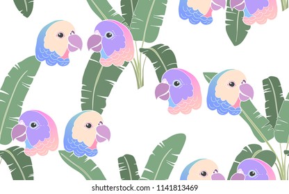 Tropical pattern of palm leaves with exotic parrots. Vintage vector botanical illustration. Seamless background, texture, wrapper pattern, frame or border. Digital nature art.