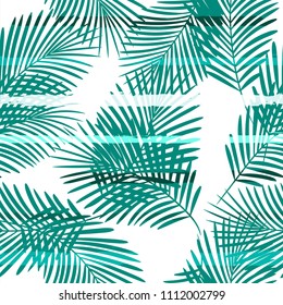 Tropical pattern, palm leaves floral jungle background. Exotic plant on stripes illustration. Summer nature print. Leaves of palm tree on paint lines. seamless vector
