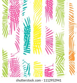 Tropical pattern, palm leaves floral jungle background. Exotic plant on stripes illustration. Summer nature print. Leaves of palm tree on paint lines. seamless vector