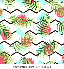 Tropical pattern with palm leaves and flowers. Vector illustration of summer with zigzag lines and paint spots on white background. Seamless exotic wallpaper. For web, printing on fabric, wrapping.