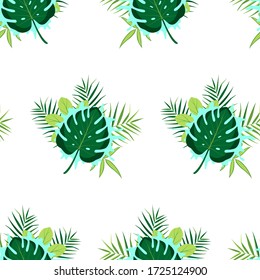Tropical pattern with palm leaves and paint spot. Vector illustration of summer on white background. Seamless exotic wallpaper. For web design, banners, scrapbooking, printing on fabric, wrapping.