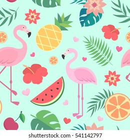 Tropical pattern. Palm leaves, pineapple, flamingos, exotic flowers, watermelon, orange. on blue background