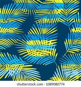 Tropical pattern, palm leaves seamless vector floral jungle background. Exotic plant on stripes illustration. Summer nature print. Leaves of palm tree on paint lines.