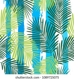 Tropical pattern, palm leaves seamless vector floral jungle background. Exotic plant on stripes illustration. Summer nature print. Leaves of palm tree on paint lines.