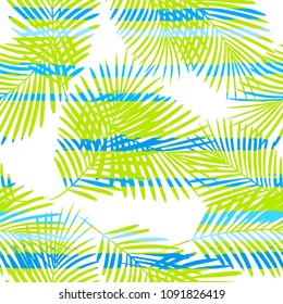 Tropical pattern, palm leaves seamless vector floral jungle background. Exotic plant on stripes illustration. Summer nature print. Leaves of palm tree on paint lines.