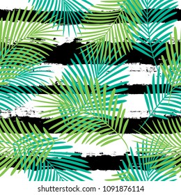Tropical pattern, palm leaves seamless vector floral jungle background. Exotic plant on stripes illustration. Summer nature print. Leaves of palm tree on paint lines.