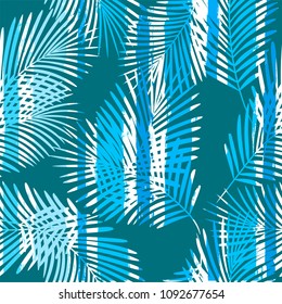 Tropical pattern, palm leaves seamless vector floral jungle background. Exotic plant on stripes illustration. Summer nature print. Leaves of palm tree on paint lines.