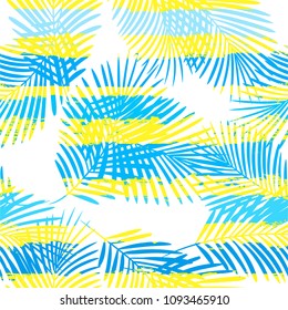 Tropical pattern, palm leaves seamless vector floral jungle background. Exotic plant on stripes illustration. Summer nature print. Leaves of palm tree on paint lines.