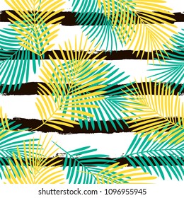 Tropical pattern, palm leaves seamless vector floral jungle background. Exotic plant on stripes illustration. Summer nature print. Leaves of palm tree on paint lines.