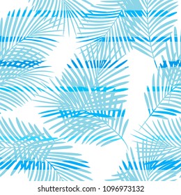 Tropical pattern, palm leaves seamless vector floral jungle background. Exotic plant on stripes illustration. Summer nature print. Leaves of palm tree on paint lines.