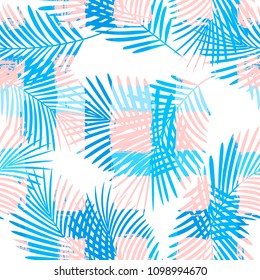 Tropical pattern, palm leaves seamless vector floral jungle background. Exotic plant on stripes illustration. Summer nature print. Leaves of palm tree on paint lines.