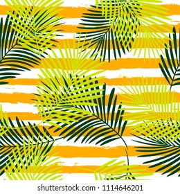 Tropical pattern, palm leaves seamless vector floral background. Exotic plant on stripes illustration. Summer nature jungle print. Leaves of palm tree on paint lines. striped summer ink brush strokes