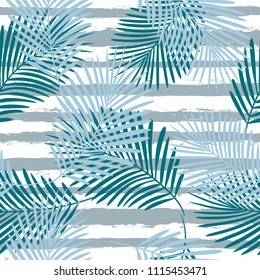 Tropical pattern, palm leaves seamless vector floral background. Exotic plant on stripes illustration. Summer nature jungle print. Leaves of palm tree on paint lines. striped summer ink brush strokes
