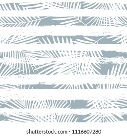 Tropical pattern, palm leaves seamless vector floral background. Exotic plant on stripes print illustration. Summer nature jungle print. Leaves of palm tree on paint lines. ink brush strokes