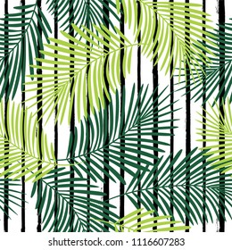 Tropical pattern, palm leaves seamless vector floral background. Exotic plant on stripes illustration. Summer nature jungle print. Leaves of palm tree on paint lines. striped summer ink brush strokes