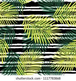 Tropical pattern, palm leaves seamless vector floral background. Exotic plant on stripes illustration. Summer nature jungle print. Leaves of palm tree on paint lines. striped summer ink brush strokes