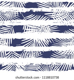 Tropical pattern, palm leaves seamless vector floral background. Exotic plant on stripes print illustration. Summer nature jungle print. Leaves of palm tree on paint lines. ink brush strokes