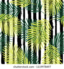 Tropical pattern, palm leaves seamless vector floral background. Exotic plant on stripes illustration. Summer nature jungle print. Leaves of palm tree on paint lines. striped summer ink brush strokes