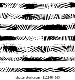 Tropisches Muster, Palmblätter nahtlose Vektorgrafik-Hintergrund. Exotische Pflanze auf Streifen Druckgrafik. Sommernaturdschungeldruck. Blätter von Palmen auf Farblinien. Pinselstriche