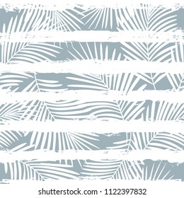 Tropical pattern, palm leaves seamless vector floral background. Exotic plant on stripes print illustration. Summer nature jungle print. Leaves of palm tree on paint lines. ink brush strokes