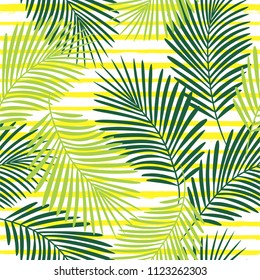 Tropical pattern, palm leaves seamless vector floral background. Exotic plant on stripes illustration. Summer nature jungle print. Leaves of palm tree on paint lines. striped summer ink brush strokes