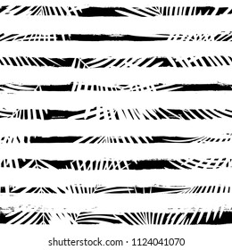 Tropical pattern, palm leaves seamless vector floral background. Exotic plant on stripes print illustration. Summer nature jungle print. Leaves of palm tree on paint lines. ink brush strokes