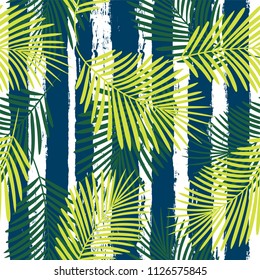 Tropical pattern, palm leaves seamless vector floral background. Exotic plant on stripes illustration. Summer nature jungle print. Leaves of palm tree on paint lines. striped summer ink brush strokes
