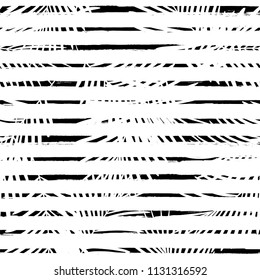 Tropical pattern, palm leaves seamless vector floral background. Exotic plant on stripes illustration. Summer nature jungle print. Leaves of palm tree on paint lines. striped summer ink brush strokes