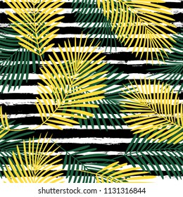 Tropical pattern, palm leaves seamless vector floral background. Exotic plant on stripes illustration. Summer nature jungle print. Leaves of palm tree on paint lines. striped summer ink brush strokes