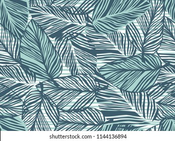 Tropical pattern, palm leaves seamless vector floral background. Exotic plant on stripes print illustration. Summer nature jungle print. Leaves of palm tree on paint lines.