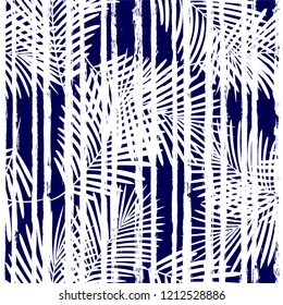 Tropical pattern, palm leaves seamless vector floral background. Exotic plant on stripes print illustration. Summer nature jungle print. Leaves of palm tree on paint lines. ink brush strokes