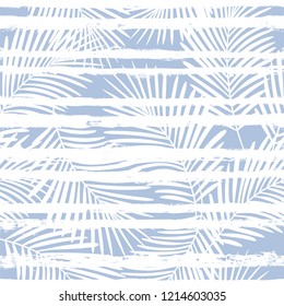 Tropical Pattern, Palm Leaves Seamless Vector Floral Background. Exotic Plant On Stripes Print Illustration. Summer Nature Jungle Print. Leaves Of Palm Tree On Paint Lines. Ink Brush Strokes