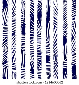 Tropical pattern, palm leaves seamless vector floral background. Exotic plant on stripes print illustration. Summer nature jungle print. Leaves of palm tree on paint lines. ink brush strokes