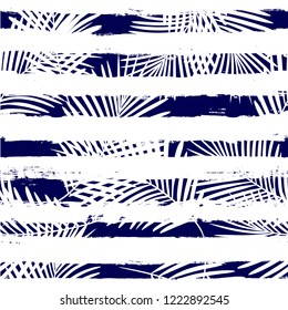 Tropical pattern, palm leaves seamless vector floral background. Exotic plant on stripes print illustration. Summer nature jungle print. Leaves of palm tree on paint lines. ink brush strokes