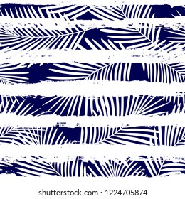 Tropical pattern, palm leaves seamless vector floral background. Exotic plant on stripes print illustration. Summer nature jungle print. Leaves of palm tree on paint lines. ink brush strokes