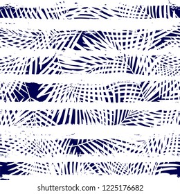 Tropical pattern, palm leaves seamless vector floral background. Exotic plant on stripes print illustration. Summer nature jungle print. Leaves of palm tree on paint lines. ink brush strokes
