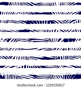 Tropical pattern, palm leaves seamless vector floral background. Exotic plant on stripes print illustration. Summer nature jungle print. Leaves of palm tree on paint lines. ink brush strokes