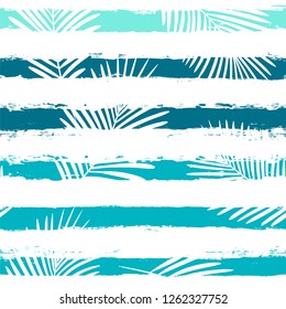 Tropical pattern, palm leaves seamless vector floral background. Exotic plant on sea stripes print illustration. Summer beach jungle print. Leaves of palm tree on paint lines. ink brush strokes