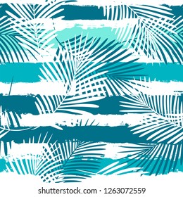 Tropical pattern, palm leaves seamless vector floral background. Exotic plant on sea stripes print illustration. Summer beach jungle print. Leaves of palm tree on paint lines. ink brush strokes