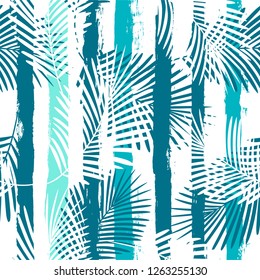 Tropical pattern, palm leaves seamless vector floral background. Exotic plant on sea stripes print illustration. Summer beach jungle print. Leaves of palm tree on paint lines. ink brush strokes